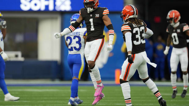 Dec 3, 2023; Inglewood, California, USA; Cleveland Browns safety Juan Thornhill (1) and safety Ronnie Hickman (33) celebrate against the Los Angeles Rams in the first half at SoFi Stadium.